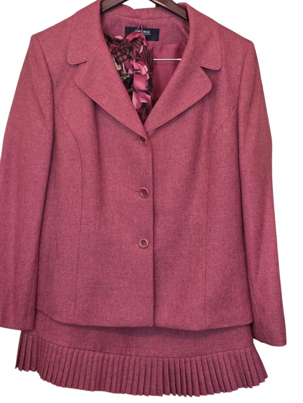Jones Wear Vintage Mauve Tweed Pleated Skirt & Blazer Set With Scarf Size 16